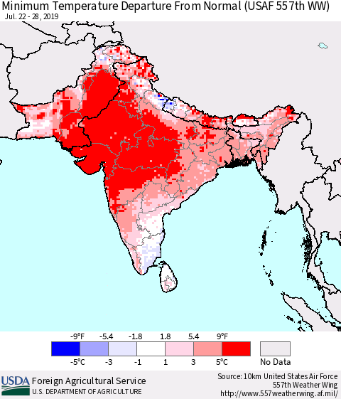 Southern Asia Minimum Temperature Departure From Normal (USAF 557th WW) Thematic Map For 7/22/2019 - 7/28/2019