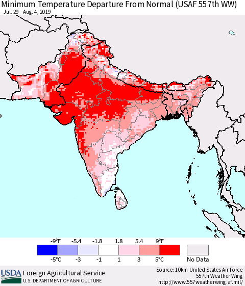 Southern Asia Minimum Temperature Departure From Normal (USAF 557th WW) Thematic Map For 7/29/2019 - 8/4/2019