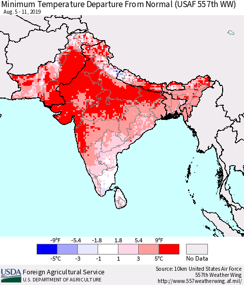 Southern Asia Minimum Temperature Departure From Normal (USAF 557th WW) Thematic Map For 8/5/2019 - 8/11/2019