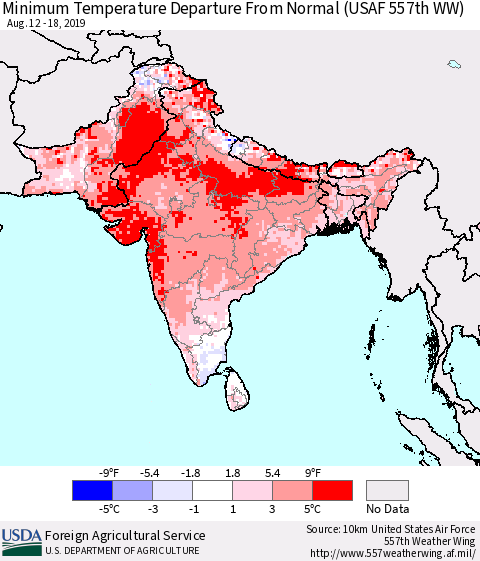 Southern Asia Minimum Temperature Departure From Normal (USAF 557th WW) Thematic Map For 8/12/2019 - 8/18/2019