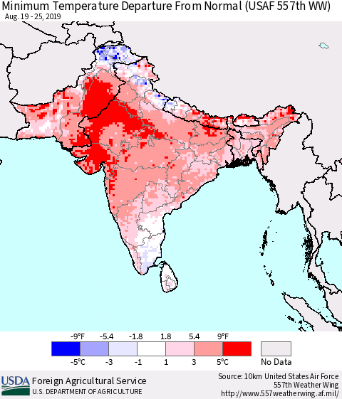 Southern Asia Mean Minimum Temperature Departure from Normal (USAF 557th WW) Thematic Map For 8/19/2019 - 8/25/2019