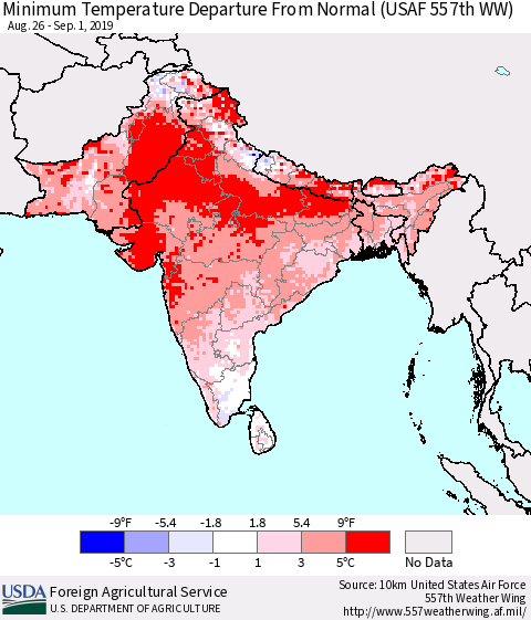 Southern Asia Minimum Temperature Departure From Normal (USAF 557th WW) Thematic Map For 8/26/2019 - 9/1/2019