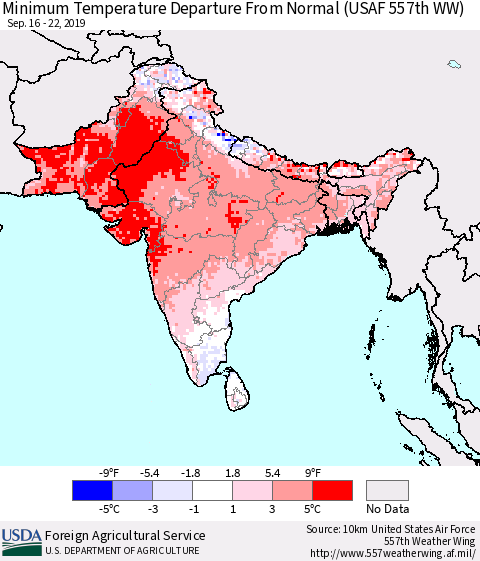 Southern Asia Minimum Temperature Departure From Normal (USAF 557th WW) Thematic Map For 9/16/2019 - 9/22/2019