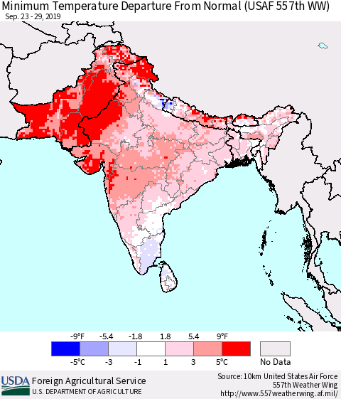 Southern Asia Minimum Temperature Departure From Normal (USAF 557th WW) Thematic Map For 9/23/2019 - 9/29/2019