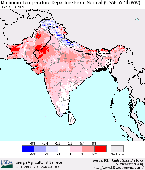 Southern Asia Minimum Temperature Departure From Normal (USAF 557th WW) Thematic Map For 10/7/2019 - 10/13/2019
