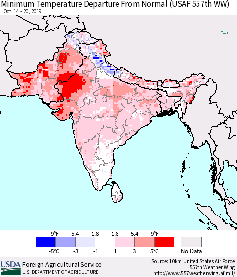 Southern Asia Mean Minimum Temperature Departure from Normal (USAF 557th WW) Thematic Map For 10/14/2019 - 10/20/2019