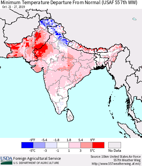 Southern Asia Minimum Temperature Departure From Normal (USAF 557th WW) Thematic Map For 10/21/2019 - 10/27/2019