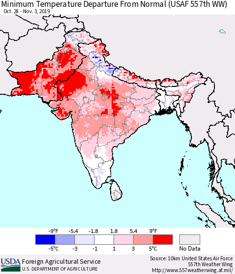 Southern Asia Minimum Temperature Departure From Normal (USAF 557th WW) Thematic Map For 10/28/2019 - 11/3/2019