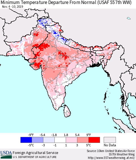 Southern Asia Mean Minimum Temperature Departure from Normal (USAF 557th WW) Thematic Map For 11/4/2019 - 11/10/2019