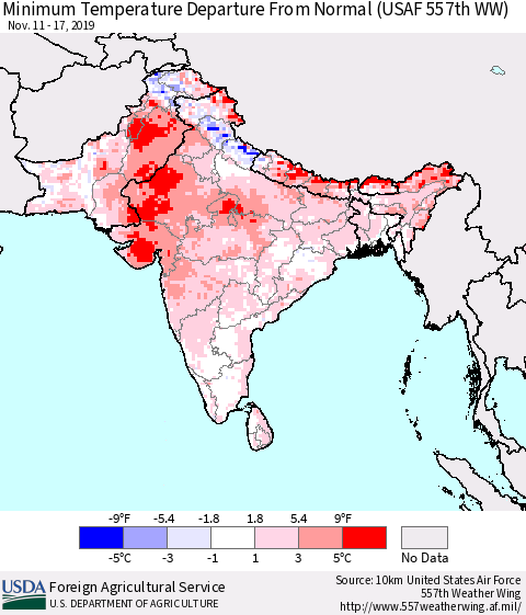 Southern Asia Mean Minimum Temperature Departure from Normal (USAF 557th WW) Thematic Map For 11/11/2019 - 11/17/2019