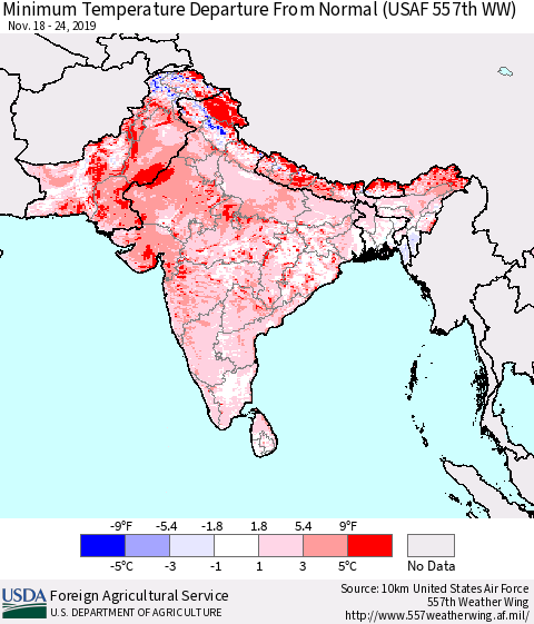 Southern Asia Minimum Temperature Departure From Normal (USAF 557th WW) Thematic Map For 11/18/2019 - 11/24/2019