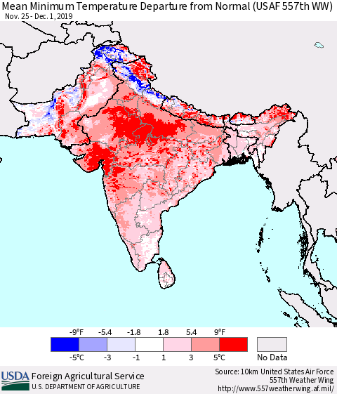 Southern Asia Mean Minimum Temperature Departure from Normal (USAF 557th WW) Thematic Map For 11/25/2019 - 12/1/2019