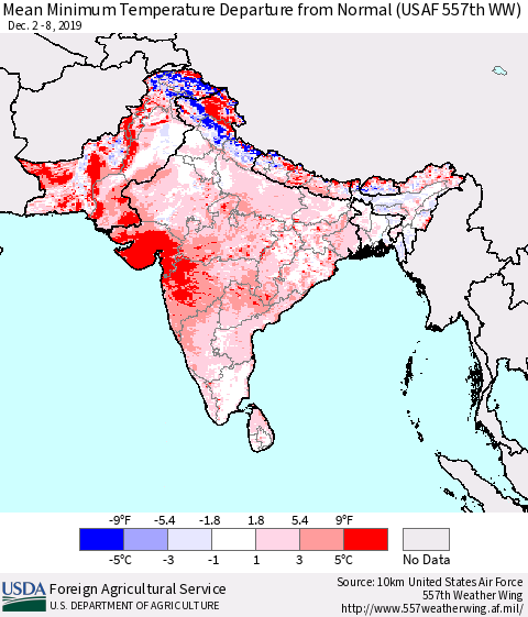 Southern Asia Mean Minimum Temperature Departure from Normal (USAF 557th WW) Thematic Map For 12/2/2019 - 12/8/2019