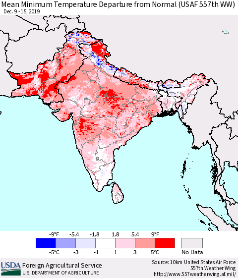 Southern Asia Minimum Temperature Departure From Normal (USAF 557th WW) Thematic Map For 12/9/2019 - 12/15/2019