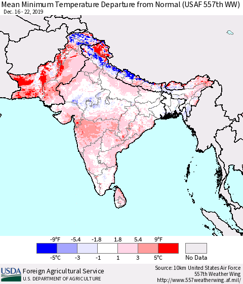 Southern Asia Minimum Temperature Departure From Normal (USAF 557th WW) Thematic Map For 12/16/2019 - 12/22/2019