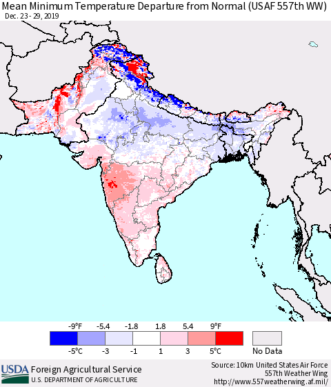 Southern Asia Mean Minimum Temperature Departure from Normal (USAF 557th WW) Thematic Map For 12/23/2019 - 12/29/2019