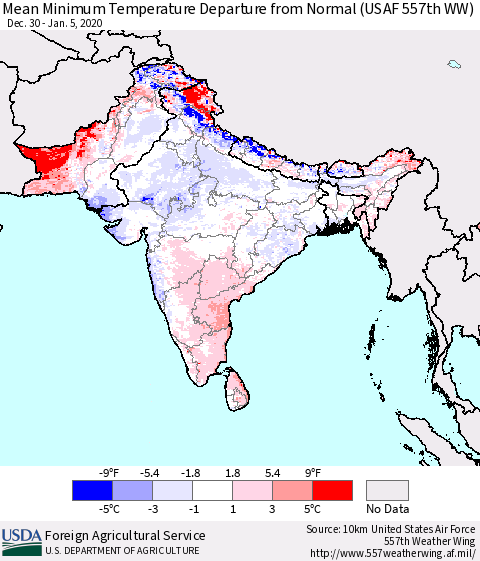 Southern Asia Mean Minimum Temperature Departure from Normal (USAF 557th WW) Thematic Map For 12/30/2019 - 1/5/2020