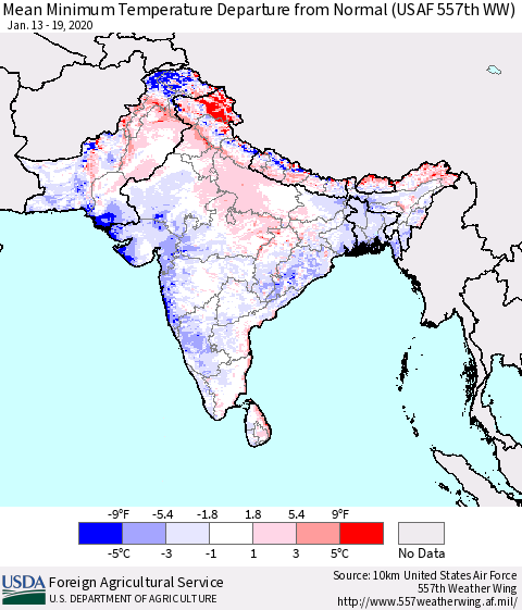 Southern Asia Mean Minimum Temperature Departure from Normal (USAF 557th WW) Thematic Map For 1/13/2020 - 1/19/2020