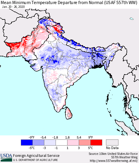 Southern Asia Mean Minimum Temperature Departure from Normal (USAF 557th WW) Thematic Map For 1/20/2020 - 1/26/2020