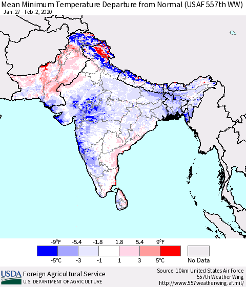 Southern Asia Mean Minimum Temperature Departure from Normal (USAF 557th WW) Thematic Map For 1/27/2020 - 2/2/2020