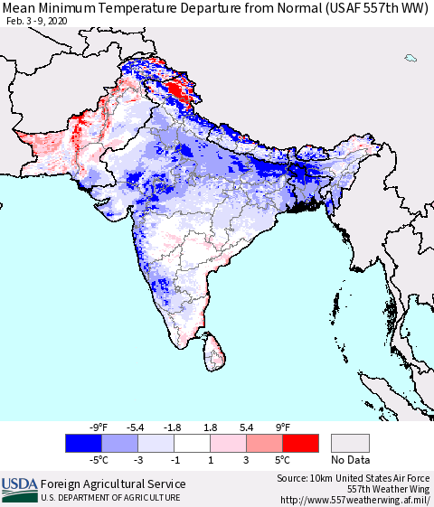 Southern Asia Mean Minimum Temperature Departure from Normal (USAF 557th WW) Thematic Map For 2/3/2020 - 2/9/2020