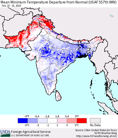 Southern Asia Mean Minimum Temperature Departure from Normal (USAF 557th WW) Thematic Map For 2/10/2020 - 2/16/2020