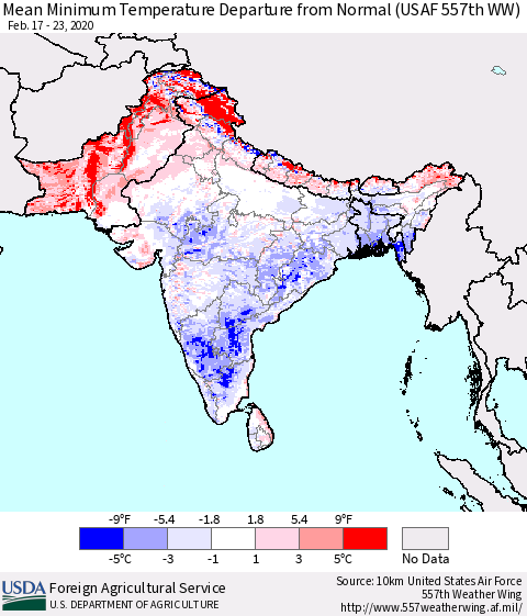 Southern Asia Minimum Temperature Departure From Normal (USAF 557th WW) Thematic Map For 2/17/2020 - 2/23/2020