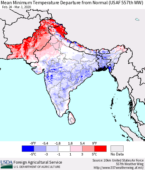 Southern Asia Minimum Temperature Departure From Normal (USAF 557th WW) Thematic Map For 2/24/2020 - 3/1/2020