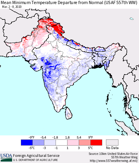Southern Asia Minimum Temperature Departure From Normal (USAF 557th WW) Thematic Map For 3/2/2020 - 3/8/2020