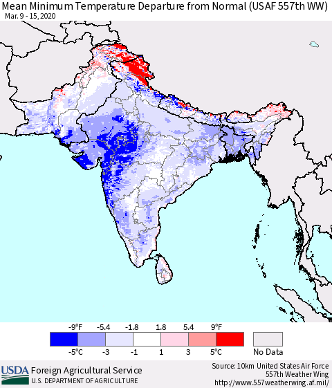 Southern Asia Mean Minimum Temperature Departure from Normal (USAF 557th WW) Thematic Map For 3/9/2020 - 3/15/2020