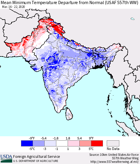 Southern Asia Mean Minimum Temperature Departure from Normal (USAF 557th WW) Thematic Map For 3/16/2020 - 3/22/2020