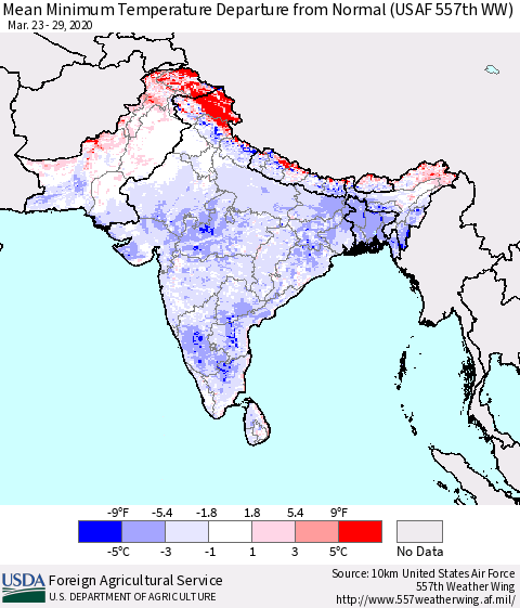 Southern Asia Minimum Temperature Departure From Normal (USAF 557th WW) Thematic Map For 3/23/2020 - 3/29/2020