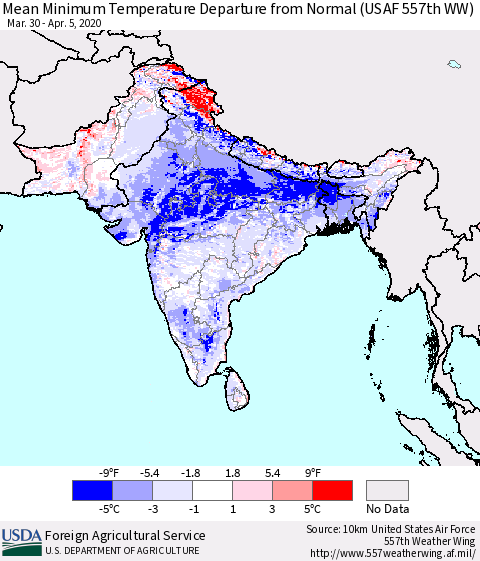 Southern Asia Mean Minimum Temperature Departure from Normal (USAF 557th WW) Thematic Map For 3/30/2020 - 4/5/2020