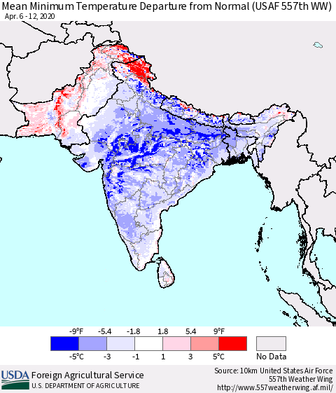 Southern Asia Mean Minimum Temperature Departure from Normal (USAF 557th WW) Thematic Map For 4/6/2020 - 4/12/2020