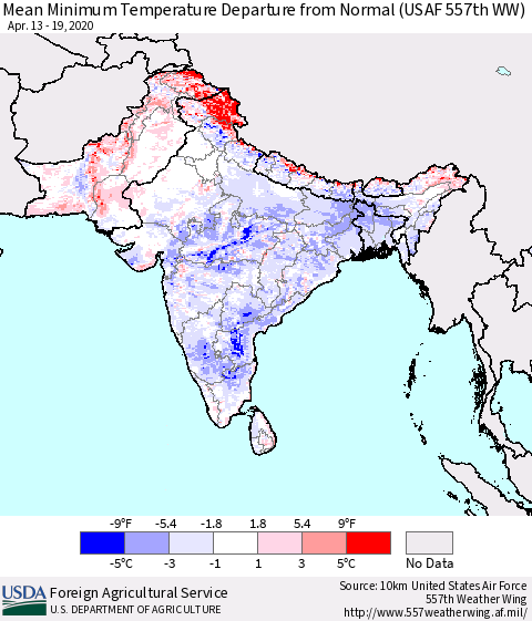 Southern Asia Minimum Temperature Departure From Normal (USAF 557th WW) Thematic Map For 4/13/2020 - 4/19/2020