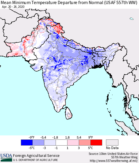 Southern Asia Minimum Temperature Departure From Normal (USAF 557th WW) Thematic Map For 4/20/2020 - 4/26/2020