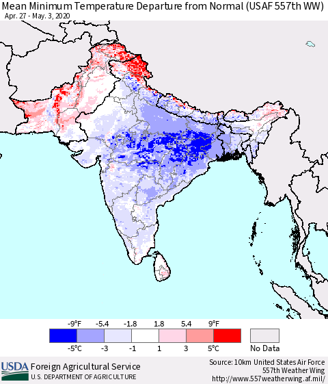 Southern Asia Mean Minimum Temperature Departure from Normal (USAF 557th WW) Thematic Map For 4/27/2020 - 5/3/2020