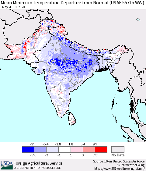 Southern Asia Mean Minimum Temperature Departure from Normal (USAF 557th WW) Thematic Map For 5/4/2020 - 5/10/2020