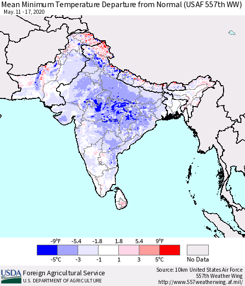Southern Asia Mean Minimum Temperature Departure from Normal (USAF 557th WW) Thematic Map For 5/11/2020 - 5/17/2020