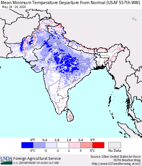 Southern Asia Minimum Temperature Departure From Normal (USAF 557th WW) Thematic Map For 5/18/2020 - 5/24/2020