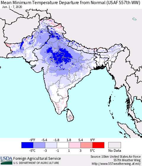 Southern Asia Mean Minimum Temperature Departure from Normal (USAF 557th WW) Thematic Map For 6/1/2020 - 6/7/2020