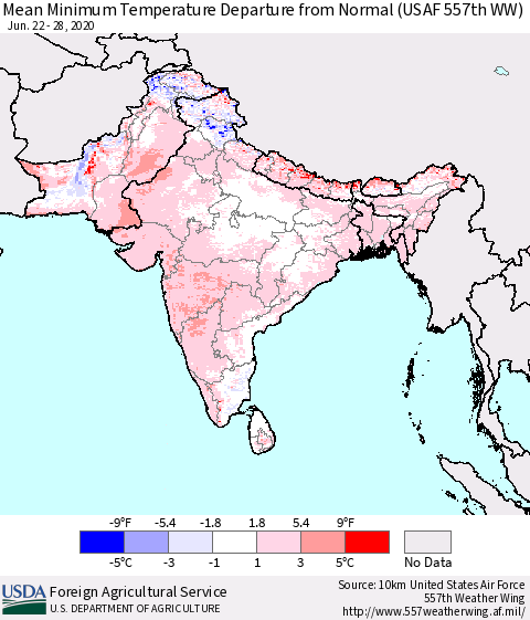Southern Asia Minimum Temperature Departure From Normal (USAF 557th WW) Thematic Map For 6/22/2020 - 6/28/2020