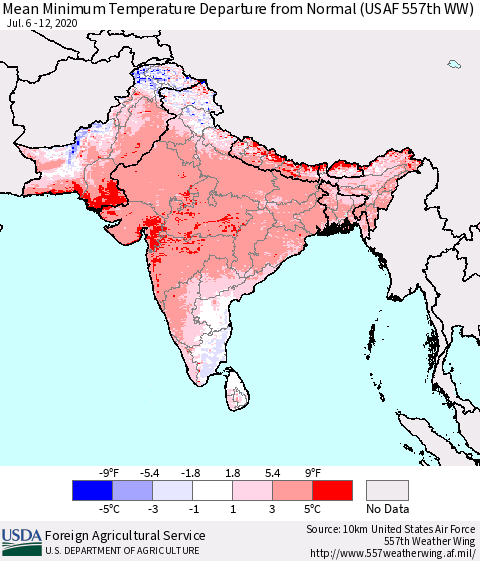 Southern Asia Minimum Temperature Departure From Normal (USAF 557th WW) Thematic Map For 7/6/2020 - 7/12/2020