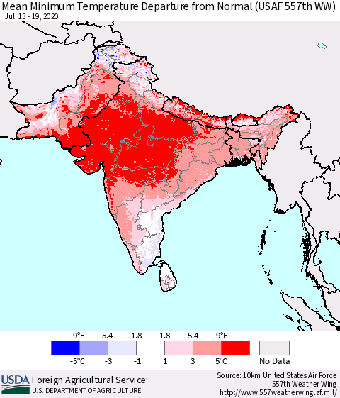 Southern Asia Minimum Temperature Departure From Normal (USAF 557th WW) Thematic Map For 7/13/2020 - 7/19/2020