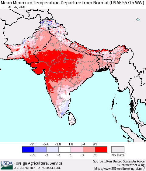 Southern Asia Minimum Temperature Departure From Normal (USAF 557th WW) Thematic Map For 7/20/2020 - 7/26/2020