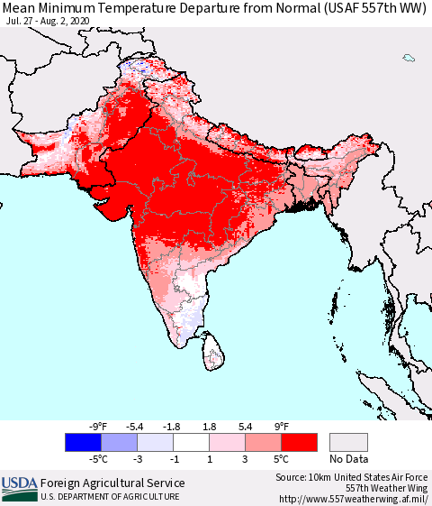 Southern Asia Mean Minimum Temperature Departure from Normal (USAF 557th WW) Thematic Map For 7/27/2020 - 8/2/2020