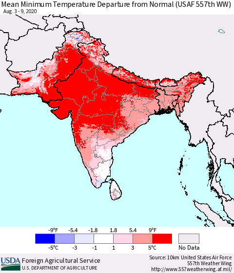 Southern Asia Mean Minimum Temperature Departure from Normal (USAF 557th WW) Thematic Map For 8/3/2020 - 8/9/2020