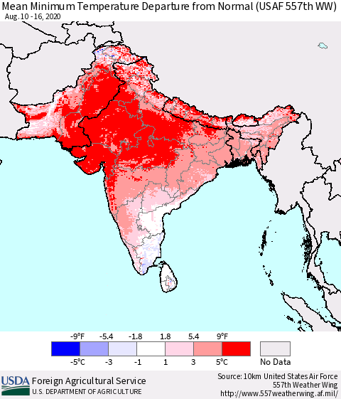 Southern Asia Minimum Temperature Departure From Normal (USAF 557th WW) Thematic Map For 8/10/2020 - 8/16/2020