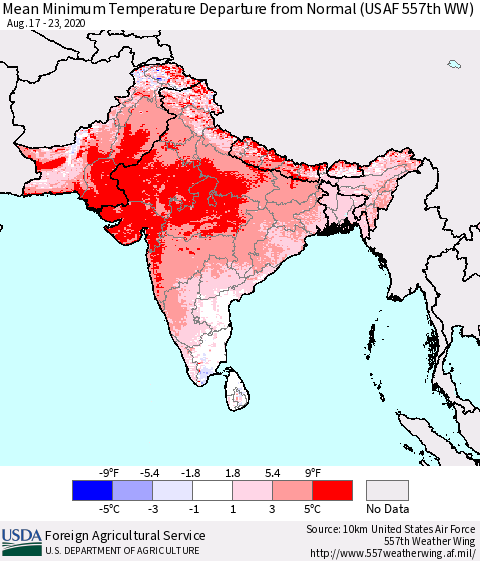 Southern Asia Mean Minimum Temperature Departure from Normal (USAF 557th WW) Thematic Map For 8/17/2020 - 8/23/2020
