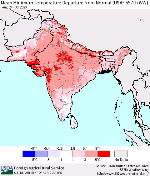 Southern Asia Mean Minimum Temperature Departure from Normal (USAF 557th WW) Thematic Map For 8/24/2020 - 8/30/2020